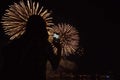 Silhouette of girl with smartphone on background of colorful fireworks Royalty Free Stock Photo