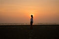 Silhouette girl standing on beach and sunset. Royalty Free Stock Photo