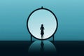 Silhouette of a girl standing in front of a large round mirror, concept of being fixated on one\'s appearance