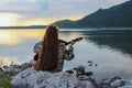 Silhouette of a girl at sunset playing the guitar by the river Royalty Free Stock Photo