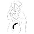 The silhouette of a girl takes a selfie with a glass in her hand and an open bathrobe. Minimalism style