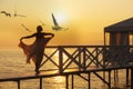 Silhouette of a girl in a transparent red dress and birds against the backdrop of the rising sun on the sea Royalty Free Stock Photo