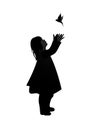 Silhouette of girl trying to reach a swallow, isolated on white background