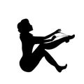 Silhouette girl tying a shoelace for run. Lady with long legs, black outline of the shape of the body. Woman a dynamic pose.