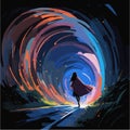Silhouette of a girl walking through a colorful tunnel. Flat vector illustration. Royalty Free Stock Photo