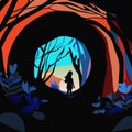 Silhouette of a girl walking through a tunnel. Flat vector illustration. Royalty Free Stock Photo