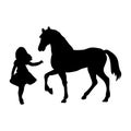 Silhouette girl wants touch horse Royalty Free Stock Photo