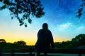 Silhouette of girl watching the stars in night sky Royalty Free Stock Photo