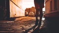 Silhouette of girl who in the rays of the sun, walks on a stone pavement in city Royalty Free Stock Photo