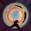 Silhouette of a girl who twists hula-hoops on the sandy shore during sunset of spherical panorama 360 degrees Royalty Free Stock Photo