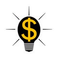 Silhouette of a glowing light bulb with a gold dollar symbol. The concept of business, financial profit, creative idea. Vector.