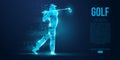 Silhouette of a golf player, golfer from particles on blue background. Low poly neon wire outline geometric. Vector Royalty Free Stock Photo