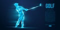 Silhouette of a golf player, golfer from particles on blue background. Low poly neon wire outline geometric. Vector Royalty Free Stock Photo