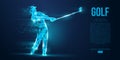 Silhouette of a golf player, golfer from particles on blue background. Low poly neon wire outline geometric. Vector Royalty Free Stock Photo