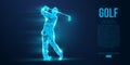 Silhouette of a golf player, golfer from particles on blue background. Low poly neon wire outline geometric. Vector Royalty Free Stock Photo