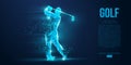 Silhouette of a golf player, golfer from particles on blue background. Low poly neon wire outline geometric. Vector Royalty Free Stock Photo