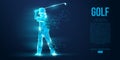 Silhouette of a golf player, golfer from particles on blue background. Low poly neon wire outline geometric. Vector