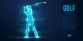 Silhouette of a golf player, golfer from particles on blue background. Low poly neon wire outline geometric. Vector Royalty Free Stock Photo