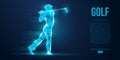 Silhouette of a golf player, golfer from particles on blue background. Low poly neon wire outline geometric. Vector Royalty Free Stock Photo