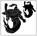 The silhouette of the good old djinn in armor in full growth, without a background. A fantasy character with a long, thick beard.