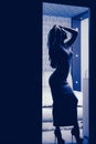Silhouette of gorgeous woman relax in long slim dress and high heels. Woman stand in front of bedroom entrance. Long day