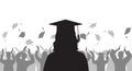 Silhouette graduate girl on background of cheerful group people throwing mortarboard. Graduation ceremony. Vector illustration