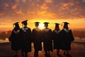 Silhouette of graduation students standing in a row with sunset background, rear perspective of a group of university graduates,