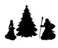 Silhouette grandfather Frost and snow Maiden at Christmas tree