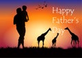 Silhouette graphics Father holding the young on hands and look at the giraffe  outdoor of sunset with grass on the ground for Royalty Free Stock Photo