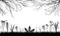 Silhouette of grassland, wild weeds and grass, bare branches trees. Vector illustration. Applied clipping mask Royalty Free Stock Photo
