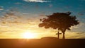 Silhouette of grave and christian cross at sunset sky background. Royalty Free Stock Photo