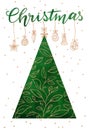 Silhouette of a green Christmas tree, painted with watercolor isolated on a white background. Gold floral ornament, decoration, Royalty Free Stock Photo