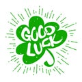 Silhouette of a green clover with lettering text Good Luck. Vector color label Royalty Free Stock Photo