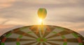 Silhouette of green dart arrow hitting bullseye target center dartboard on sunset background. Business targeting and focus concept Royalty Free Stock Photo