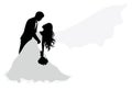 Silhouette of a groom holding his bride. The veil of the bride is flying. Royalty Free Stock Photo