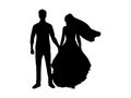 Silhouette of the groom holds the bride by the hand