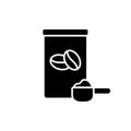 Silhouette Ground, granulated or sublimated coffee. Outline icon of jar with beans, measuring spoon with dry powder. Black emblem