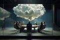 Silhouette of a group of business people sitting at a table and looking at a cloud in a glass wall, A boardroom with executives