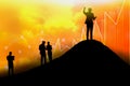 Silhouette group business people standing outdoor discuss,leader of organization standing on mountain,use hand touch icon and Royalty Free Stock Photo