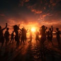 Silhouette of a young women on a sunset beach. Jumping young girls with reflection on the beach. Royalty Free Stock Photo
