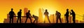 Silhouette of a Group of Construction Workers doing happy Work poses wearing safety guards and plastic helmets. flat vector Royalty Free Stock Photo