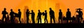 Silhouette of a Group of Construction Workers doing happy Work poses wearing safety guards and plastic helmets. flat vector