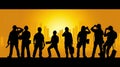 Silhouette of a Group of Construction Workers doing happy Work poses wearing safety guards and plastic helmets. flat vector Royalty Free Stock Photo