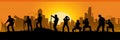 Silhouette of a Group of Construction Workers doing happy Work poses wearing safety guards and plastic helmets. flat vector