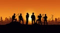 Silhouette of a Group of Construction Workers doing happy Work poses wearing safety guards and plastic helmets. flat vector