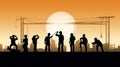 Silhouette of a Group of Construction Workers doing happy Work poses wearing safety guards and plastic helmets. flat vector