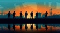 Silhouette of a Group of Construction Workers doing happy Work poses wearing safety guards and plastic helmets. flat vector Royalty Free Stock Photo