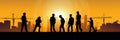 Silhouette of a Group of Construction Workers doing happy Work poses wearing safety guards and plastic helmets. flat vector Royalty Free Stock Photo