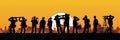 Silhouette of a Group of Construction Workers doing happy Work poses wearing safety guards and plastic helmets. flat vector Royalty Free Stock Photo