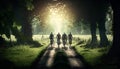 Silhouette of a group of cyclists on the road in the park